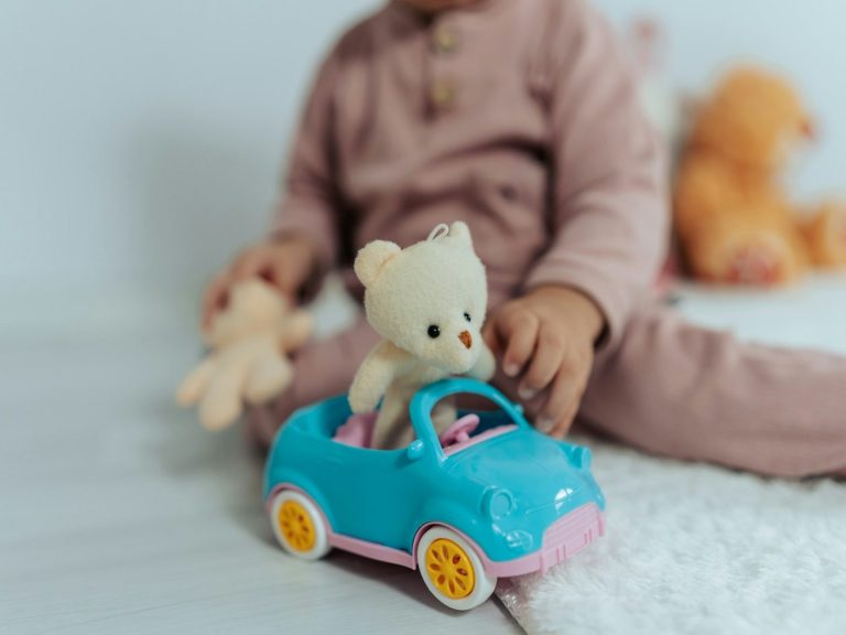 boutique jouets Un enfant joue avec une voiture en plastique, portant un ours en peluche à l'intérieur.